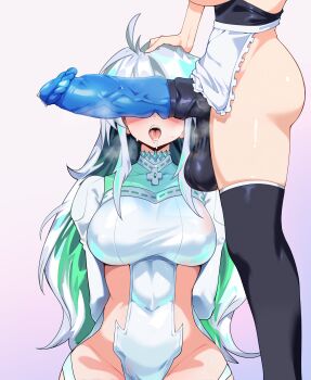 1futa 1girl absurdres akeno_(itsnafulol) animal_penis apron blush bodysuit breasts cleavage domination dress fate/grand_order fate_(series) futa_with_female futanari green_hair hand_on_another's_head highres horse_penis huge_breasts huge_penis imminent_fellatio imminent_penetration jewelry kukulkan_(fate) kukulkan_(second_ascension)_(fate) large_breasts large_penis large_testicles long_hair multicolored_hair necklace open_mouth penis penis_awe penis_on_face penis_over_eyes precum purple_dress saliva sharp_teeth someone_(someone199912) steaming_body sweat teeth testicles thick_thighs thighhighs thighs tongue veins veiny_penis white_hair wide_hips