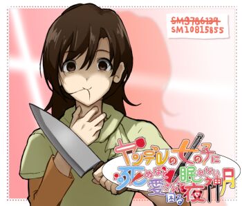 Rule 34 | 1girl, 552191029, brown eyes, brown hair, cover, crazy eyes, crazy smile, death note, empty eyes, green shirt, hand on own neck, holding, holding knife, knife, long hair, orange shirt, partially shaded face, shirt, shirt under shirt, smile, solo, stray hair, upper body, weapon, yagami sayu, yandere