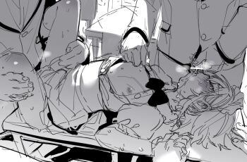 4boys apron blazer bow closed_eyes cr-r crossdressing crossdressing_(mtf) cum cum_overflow fellatio group_sex hand_grab imminent_penetration jacket maid_apron maid_headdress male_focus mmm_threesome multiple_boys nijisanji nipple_stimulation nipples oral table threesome unbuttoned unbuttoned_shirt uzuki_kou yaoi