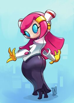 1girl 2016 alternate_breast_size_(larger) arms_at_sides artist_name back black_leggings black_skirt blue_background blue_eyes blush breasts closed_eyes commentary curvy dated english_commentary feet female_focus floating from_behind full_body gloves gradient_background hair_ornament hairclip headgear humanization kirby:_planet_robobot kirby_(series) leggings long_hair nintendo pink_hair rayman_limbs robot shadow sideboob sidelocks simple_background skirt small_breasts soles spread_fingers standing straight_hair susie_(kirby) tiptoes wide_hips yellow_gloves zwitterkitsune