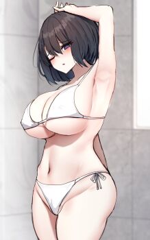 Rule 34 | 1girl, ;o, arm up, armpits, bikini, black hair, blush, breasts, cleavage, collarbone, commentary request, covered erect nipples, curvy, highres, indoors, large breasts, liya, looking at viewer, navel, one eye closed, open mouth, original, purple eyes, side-tie bikini bottom, solo, standing, stomach, swimsuit, tile wall, tiles, underboob, white bikini