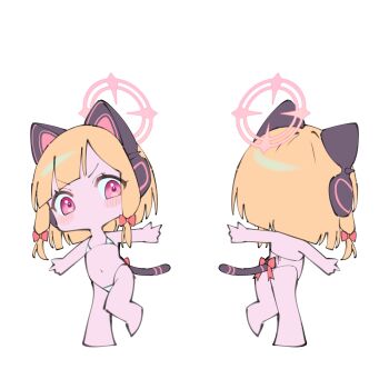 1girl absurdres animal_ear_headphones animal_ears ass bikini blonde_hair cat_ear_headphones cat_ears chibi fake_animal_ears flat_chest full_body headphones highres loli micro_bikini momoi_(blue_archive) multiple_views navel pink_eyes solo standing stomach swimsuit yu1_na12