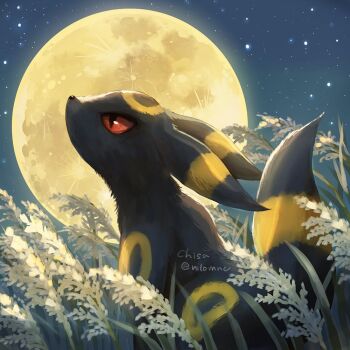 black_eyes colored_sclera commentary_request full_moon gen_2_pokemon grass looking_up momomo12 moon night nintendo outdoors pokemon pokemon_(creature) red_sclera sitting solo star_(sky) twitter_username umbreon