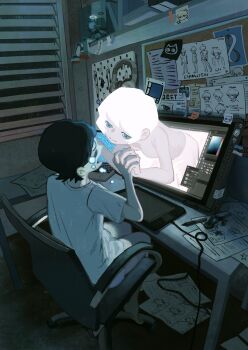 1girl 1other absurdly_detailed_composition absurdres androgynous barefoot black_hair blue_eyes book bulletin_board chair closed_eyes commentary computer congming33 crying dark desk drawing_(object) drawing_tablet english_commentary figure from_above full_body headphones highres holding_hands indoors interlocked_fingers laptop loaded_interior looking_at_another monitor night office_chair on_chair open_mouth original paper scenery shelf shirt short_hair sitting static sticker sticky_note stylus surreal swivel_chair tears through_medium through_screen user_interface white_hair white_shirt window_shutter