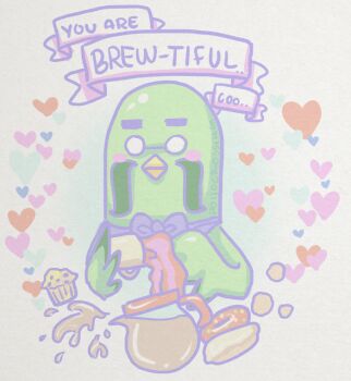 Rule 34 | 1boy, animal crossing, brewster (animal crossing), coffee pot, donut, english text, food, grey background, heart, looking at viewer, muffin, nintendo, pastel colors, poyochan, simple background, valentine card