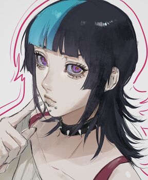 1other androgynous black_hair collar commentary highres hoshi_kirara jujutsu_kaisen looking_at_viewer multicolored_hair piercing purple_eyes short_hair sira_julyspring solo spiked_collar spikes two-tone_hair