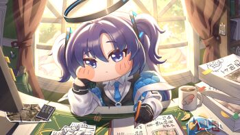 1girl absurdres black_gloves black_halo black_jacket blue_archive blue_eyes blue_necktie blush blush_stickers book cellphone coffee_mug commentary_request cup diyap_(style) dongle_e gloves hair_ornament half_gloves halo head_rest highres holding holding_pencil jacket jacket_partially_removed korean_commentary korean_text long_hair long_sleeves looking_at_viewer mechanical_halo mug necktie open_book paper_stack pencil phone purple_hair shirt sitting smartphone solo triangle_hair_ornament trickcal two-sided_fabric two-sided_jacket two_side_up white_jacket white_shirt window yuuka_(blue_archive)