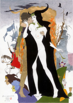 Rule 34 | 2024, 2girls, 4girls, barefoot, breasts, cloak, corruption, dress, fukai kuni, full body, hetero, holding, holding sword, holding weapon, jean (kanashimi no belladonna), jeanne (kanashimi no belladonna), kanashimi no belladonna, kiss, long hair, lying, multiple girls, naked cloak, navel, nipples, nude, official art, painting (medium), pale skin, parted lips, scan, sideboob, simple background, standing, sword, traditional media, weapon, wide hips