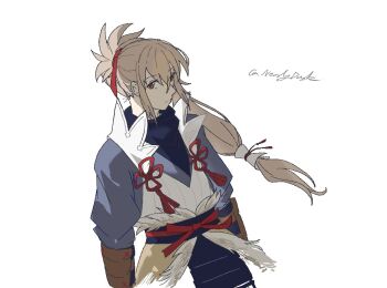 Rule 34 | 1boy, fire emblem, fire emblem fates, grey hair, hair ribbon, japanese clothes, long hair, looking at viewer, male focus, nearlydusk, nintendo, orange eyes, ponytail, red ribbon, ribbon, solo, takumi (fire emblem)