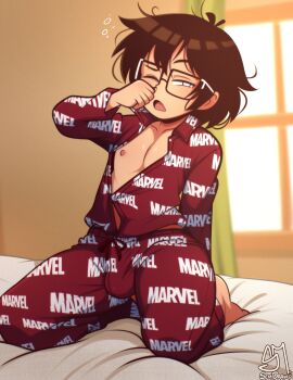 1boy absurdres black_hair bulge choppy_bangs commentary full_body glasses hand_up highres indoors looking_at_viewer male_focus marvel nipples on_bed one_eye_closed open_mouth original pajamas pants partially_unbuttoned print_pajamas red_pajamas red_pants red_shirt semi_draws shirt short_hair sitting solo squeans symbol-only_commentary unkempt waking_up white_eyes