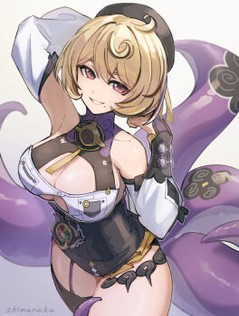 1girl accessories arm_behind_head arm_up armpits artist_name asymmetrical_shorts bare_shoulders black_bow blonde_hair bow breasts cleavage commentary_request detached_sleeves grin hair_between_eyes hat high-waist_shorts large_breasts looking_at_viewer mole mole_under_mouth monster_girl octopus purple_eyes scylla shimanaka_(shimanaka_sushi) short_hair shorts single_thighhigh smile solo spiral sticker teeth tentacle_girl tentacle_tail tentacles thighhighs white_background yidhari_murphy zenless_zone_zero