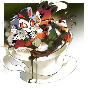2boys absurdres blitzo_(helluva_boss) cup demon_boy demon_horns demon_tail extra_eyes formal_clothes hellaverse helluva_boss highres horns multiple_boys owl_boy red_eyes stolas_(helluva_boss) suit tail teacup white_eyes zhu_xing_pupupu