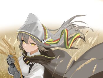 Rule 34 | 1girl, absurdres, arknights, bird girl, bright pupils, cape, commentary, fartooth (arknights), feather hair, gauntlets, grey hair, highres, holding wheat, llewellyn blue, long hair, long sleeves, looking at viewer, shirt, solo, visor (armor), visor lift, wheat field, white pupils, white shirt, yellow eyes
