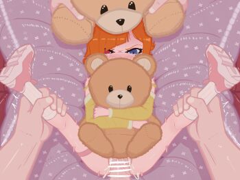 1girl 2boys ^^^ age_difference ankle_grab bar_censor bed_sheet black_sclera blue_eyes blush censored colored_sclera cum cum_in_pussy diagonal_bangs full_body hetero heterochromia highres holding holding_stuffed_toy huntamann kneepits long_sleeves lying missionary multiple_boys on_back orange_hair original pink_shoes pov pov_crotch pov_hands red_eyes sex shoe_soles shoes short_hair solo_focus spread_legs stuffed_animal stuffed_toy tearing_up teddy_bear thigh_strap thighs vaginal