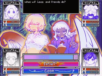 2girls 4boys :d absurdres animated animated_gif blonde_hair book braid braided_ponytail chilchuck_tims chinese_commentary commentary_request crossover dungeon_meshi elf english_text fake_screenshot falin_touden falin_touden_(chimera) feathers gameplay_mechanics health_bar highres holding holding_book index_finger_raised jacket laios_touden laios_touden_(chimera) looking_at_viewer looping_animation marcille_donato monster_girl multiple_boys multiple_girls neck_ribbon omori open_mouth outline parody pointing pointy_ears purple_eyes purple_jacket rainstop-rainia ribbon senshi_(dungeon_meshi) short_bangs short_hair single_braid slit_pupils smile style_parody thistle_(dungeon_meshi) white_hair yellow_eyes yellow_outline