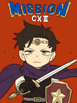 1boy black_gloves black_hair circlet commentary_request cosplay damian_desmond dragon_quest dragon_quest_iii endou_tatsuya frown gloves hero_(dq3) hero_(dq3)_(cosplay) highres holding holding_shield holding_sword holding_weapon male_focus parody shield solo spy_x_family sword upper_body weapon yellow_eyes