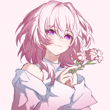 Rule 34 | 1girl, alternate costume, aqua eyes, bare shoulders, blue eyes, blush, chinese commentary, closed mouth, collarbone, commentary request, evzeva, flower, gradient background, gradient clothes, gradient jacket, hair between eyes, highres, holding, holding flower, honkai: star rail, honkai (series), jacket, long hair, long sleeves, looking at viewer, march 7th (honkai: star rail), medium hair, multicolored eyes, pink background, pink eyes, pink flower, pink hair, pink jacket, purple eyes, shirt, simple background, smile, solo, two-tone eyes, upper body, white shirt