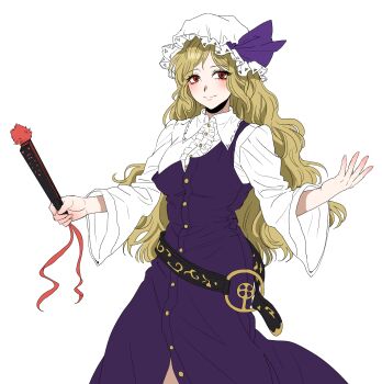 1girl absurdres belt black_belt blonde_hair buttons center_frills closed_mouth collared_shirt commentary_request dress folding_fan frills hand_fan hat hat_ribbon highres holding holding_fan kuya_(hey36253625) long_hair long_sleeves mob_cap purple_dress purple_ribbon red_eyes ribbon shirt simple_background single-shoulder_dress smile solo touhou watatsuki_no_toyohime white_background white_hat white_shirt wide_sleeves