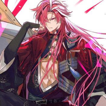 Rule 34 | 1boy, abs, armor, black kimono, bridal gauntlets, center opening, closed mouth, crest, fate/grand order, fate (series), hair over one eye, hand up, haori, high collar, highres, japanese armor, japanese clothes, kimono, kote, kurokote, layered sleeves, light frown, long hair, looking at viewer, male focus, multicolored hair, nun2o, red eyes, red hair, red haori, solo, streaked hair, takasugi shinsaku (fate), takasugi shinsaku (third ascension) (fate), white hair