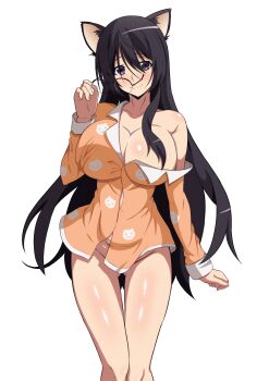 Rule 34 | 1girl, absurdres, animal ears, animal print, bakemonogatari, black hair, bottomless, breasts, cat ears, cat girl, cat print, closed mouth, commentary request, convenient hair, hair between eyes, hanekawa tsubasa, highres, holding, holding removed eyewear, kakukakusan, large breasts, long hair, looking at viewer, monogatari (series), orange pajamas, pajamas, print pajamas, purple eyes, smile, solo, unworn eyewear, very long hair