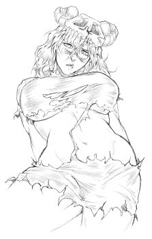 1girl bleach breasts espada facial_mark hollow_mask large_breasts long_hair mask mask_on_head midriff navel nelliel_tu_odelschwanck scar scar_on_face skull_on_head solo torn_clothes tsuchikokusha underboob