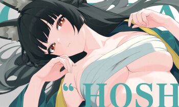 1girl animal_ear_fluff animal_ears aqua_jacket bare_shoulders black_hair breasts budget_sarashi character_name closed_mouth collarbone commentary_request fox_ears fox_girl grey_background hands_up head_tilt highres hoshimi_miyabi inami_(x_spidekawaii_x) jacket large_breasts long_hair looking_at_viewer lying mindscape_cinema_(zenless_zone_zero) on_back red_eyes sarashi solo upper_body zenless_zone_zero