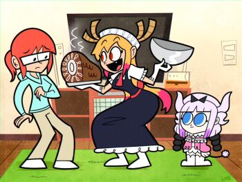 3girls :d :| beads black_dress blonde_hair blue_eyes blue_hoodie blunt_bangs capelet carpet closed_mouth commentary dragon_girl dragon_horns dragon_tail_steak dress fang frilled_capelet frills frown glasses gloves hair_beads hair_ornament highres hood hoodie horns indoors kanna_kamui kobayashi-san_chi_no_maidragon kobayashi_(maidragon) lolwutburger long_hair long_sleeves looking_at_another low_twintails maid maid_headdress multicolored_hair multiple_girls open_mouth ponytail purple_hair rectangular_eyewear red_eyes red_hair serving_dome sidelocks signature smile socks sphere_hair_ornament tail television tohru_(maidragon) toon_(style) twintails two-tone_hair white_gloves white_socks