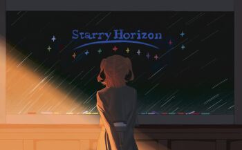 1girl absurdres aijou_karen arms_behind_back artist_name brown_hair chalkboard classroom commentary cowboy_shot english_commentary evening facing_away from_behind grey_jacket grey_skirt highres indoors jacket ling_(chaaaaanhikari) long_sleeves own_hands_together school_uniform seishou_music_academy_uniform shade shirt short_hair shoujo_kageki_revue_starlight skirt solo standing two_side_up white_shirt