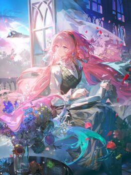 1girl absurdres aqua_hair astral_express_(honkai:_star_rail) black_skirt black_vest book breasts cyrene_(honkai:_star_rail) cyrene_(ripples_of_past_reverie)_(honkai:_star_rail) falling_petals gradient_hair highres holding holding_book honkai:_star_rail honkai_(series) indoors long_hair long_skirt medium_breasts multicolored_hair open_book petals pink_hair plant pointy_ears potted_plant purple_eyes ruoganzhao second-party_source shirt skirt smile solo two-tone_hair very_long_hair vest white_shirt