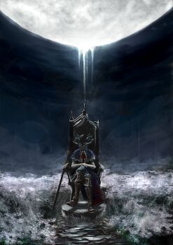 1girl absurdres arm_rest ascot bad_id bad_pixiv_id black_hat bloodborne blouse blue_capelet blue_hair blue_skirt boots broken_moon brooch brown_boots capelet center_frills chain chair closed_mouth commentary covered_eyes crack cracked_floor crossed_legs daisy_(flower) damaged dark dark_background dissolving dress_shirt dripping embellished_costume expressionless field flower flower_field food frills fruit full_body full_moon gensokyo hand_rest hands_on_own_thighs hat hat_over_eyes highres hinanawi_tenshi immaterial_and_missing_power jewelry knee_boots lady_maria_of_the_astral_clocktower leaf lfacras medium_hair mixed-language_commentary moon neck_ribbon on_ground own_hands_together plum puffy_short_sleeves puffy_sleeves red_neckwear ribbon scabbard sheath sheathed shirt short_sleeves sidelocks sitting skirt solo stepping_stones sword the_old_hunters touhou weapon white_flower white_shirt wide_shot