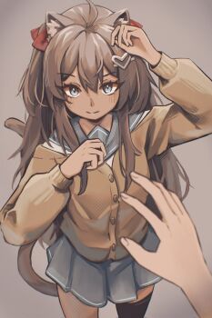 1girl 1other animal_ears black_thighhighs blue_eyes blue_sailor_collar blue_skirt brown_background brown_hair cardigan cat_ears cat_girl cat_tail closed_mouth commentary cowboy_shot english_commentary hair_between_eyes hair_ornament hair_ribbon heart heart_hair_ornament highres long_hair long_sleeves looking_at_viewer neuro-sama off-shoulder_cardigan pleated_skirt pov ramenbucket red_ribbon ribbon sailor_collar shirt simple_background single_thighhigh skirt smile tail thighhighs two_side_up vedal_ai virtual_youtuber white_shirt yellow_cardigan