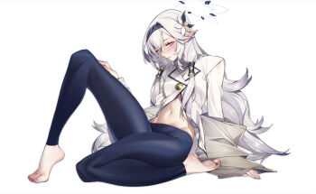 1girl absurdres barefoot black_hairband blue_archive breasts chinese_commentary commentary_request flower grey_eyes hair_flower hair_ornament hairband halo highres himari_(blue_archive) long_hair looking_at_viewer midriff_peek multicolored_halo navel pants pointy_ears shirt simple_background skin_tight small_breasts solo toes two-tone_halo very_long_hair white_background white_hair white_shirt yeyoutiangong yoga_pants