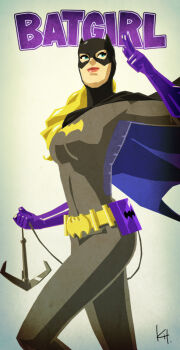 1girl batgirl batman_(series) belt blonde_hair cape character_name dc_comics female_focus gloves grapnel grapple grappling_hook kit mask solo stephanie_brown