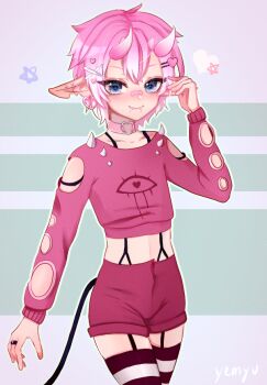 1boy art_trade bandaid bandaid_on_face bandaid_on_nose blue_eyes choker closed_mouth cloud_(lufaeris) commentary cowboy_shot double-parted_bangs english_commentary fangs fangs_out hair_ornament hairclip hand_up heart heart_hair_ornament horns jewelry long_sleeves looking_at_viewer male_focus midriff original parallel_hairclips pink_choker pink_hair pink_shirt pink_shorts pointy_ears ring shirt short_hair shorts smile solo striped_clothes striped_thighhighs thighhighs x_hair_ornament