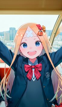 2girls :d abigail_williams_(fate) abigail_williams_(over_the_same_sky)_(fate) arms_up bandaid bandaid_on_face bandaid_on_forehead blazer blonde_hair blue_eyes blue_jacket bow bowtie buttons commentary_request crossed_bandaids fate/grand_order fate_(series) ferris_wheel_interior game_cg grey_sweater_vest hair_ornament jacket kuroboshi_kouhaku lavinia_whateley_(fate) lavinia_whateley_(over_the_same_sky)_(fate) long_hair long_sidelocks long_sleeves looking_at_viewer multiple_girls official_art open_clothes open_jacket open_mouth photo_background red_bow red_bowtie school_uniform sharp_teeth shirt sidelocks smile solo_focus star_(symbol) star_in_eye sweater_vest symbol_in_eye teeth third-party_source upper_body white_shirt wing_collar