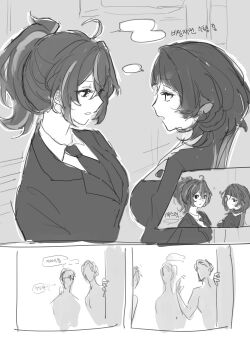 Rule 34 | 2girls, absurdres, animal ears, eardoor 1022, formal clothes, highres, jane doe (zenless zone zero), korean commentary, long hair, monochrome, mouse ears, mouse girl, multicolored hair, multiple girls, people, police, police uniform, policewoman, ponytail, short hair, streaked hair, suit, talking, translation request, undercover cops, zenless zone zero, zhu yuan