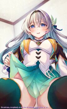 Rule 34 | 1girl, aqua dress, aqua thighhighs, black hairband, blue pupils, blue ribbon, blush, brown hairband, ceiling, clothes lift, commentary request, dress, firefly (honkai: star rail), gradient eyes, gradient hair, grey hair, hair between eyes, hair intakes, hair ornament, hair ribbon, hairband, highres, honkai: star rail, honkai (series), long hair, multicolored eyes, multicolored hair, neckerchief, open mouth, orange neckerchief, panties, ribbon, skirt, skirt lift, solo, sweatdrop, thighhighs, tomoe (pixiv 53856103), underwear, white panties