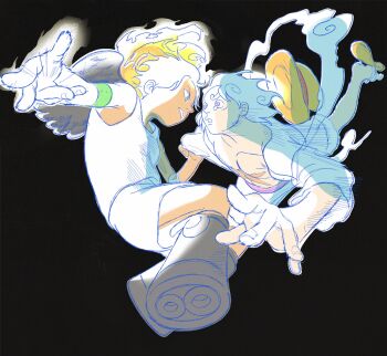 2boys black_background boots caramanducas eye_contact fire freckles gear_fifth hagoromo hat highres looking_at_another male_focus monkey_d._luffy multiple_boys one_piece portgas_d._ace sandals scar scar_on_chest scar_on_face seraphim_(one_piece) shawl shirt shorts straw_hat tank_top white_shirt white_shorts white_tank_top wings