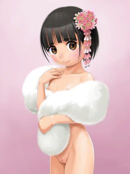 1girl anda_daichi black_hair blunt_bangs blush bob_cut breasts brown_eyes cleft_of_venus closed_mouth collarbone cowboy_shot flatcheez flower fur_(clothing) fur_scarf gradient_background hair_flower hair_ornament hand_on_own_chest highres light_smile loli looking_at_viewer naked_scarf new_year nipples nude onodera_sayaka original pink_background pink_flower pussy scarf short_hair small_breasts smile solo standing stole uncensored