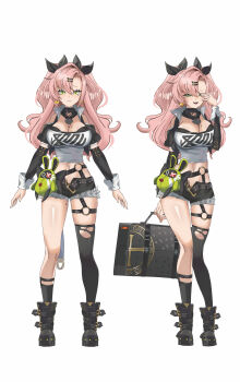 1girl absurdres amillion_(zenless_zone_zero) asymmetrical_legwear bangboo_(zenless_zone_zero) black_boots black_ribbon black_shorts black_thighhighs boots breasts briefcase cleavage closed_mouth commentary commentary_request detached_sleeves english_commentary green_eyes hair_between_eyes hair_ribbon hand_up highres holding holding_briefcase kurimako large_breasts long_hair looking_at_viewer mixed-language_commentary mole mole_on_breast mole_under_eye multiple_views nicole_demara open_mouth parted_bangs pink_hair ribbon shirt short_shorts shorts simple_background single_thighhigh smile thighhighs torn_clothes torn_thighhighs two_side_up white_background white_shirt zenless_zone_zero