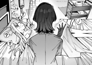 Rule 34 | 2girls, ?, ahoge, artist name, bandages, bed, bed sheet, blush, chinese commentary, cho kaguya-hime!, collarbone, commentary request, gloves, greyscale, highres, hospital bed, kaguya (cho kaguya-hime!), long hair, looking at another, lying, medium hair, monochrome, multiple girls, naked sheet, navel, on back, parted lips, pillow, putting on gloves, sakayori iroha, spoken question mark, spoken sweatdrop, sweat, sweatdrop, twitter username, xiaoju xiaojie, yuri