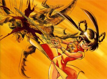 1990s_(style) 1girl blood bracelet braid brown_hair china_dress chinese_clothes closed_mouth dress gold_trim holding holding_sword holding_weapon jewelry long_hair mamono_hunter_youko mano_youko miyao_gaku monster official_art red_dress retro_artstyle shirt sleeveless sword twintails weapon yin_yang