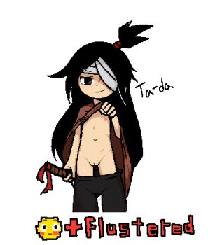 1girl bandage_over_one_eye black_eyes black_hair blush brown_poncho buddy_(lisa) closed_mouth clothes_lift clothes_pull cowboy_shot emoji english_text female_focus flashing flat_chest flushed_face_emoji functionally_nude gameplay_mechanics holding holding_sword holding_weapon lisa_(series) lisa_the_joyful loli long_hair looking_at_viewer lowres matching_hair/eyes navel nipples no_panties pants pants_pull pongpongrun pussy scar scar_across_eye scar_on_face smile solo standing sword topknot very_long_hair weapon white_background