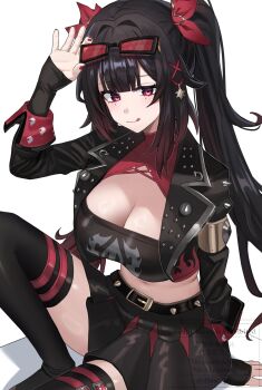 1girl absurdres adjusting_eyewear alternate_breast_size_(larger) black_hair black_jacket black_skirt black_thighhighs black_tube_top breasts burnice_white burnice_white_(cosplay) cleavage commentary_request cosplay highres honkai:_star_rail honkai_(series) jacket large_breasts licking_lips long_hair looking_at_viewer midriff mihoyo navel purple_eyes qing231 simple_background skirt solo sparkle_(honkai:_star_rail) strapless sunglasses thighhighs thighs tongue tongue_out tube_top twintails very_long_hair white_background zenless_zone_zero