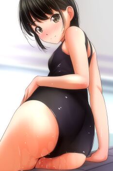 1girl arm_support ass black_hair black_one-piece_swimsuit black_school_swimsuit blush breasts brown_eyes from_behind highres looking_at_viewer looking_back matsunaga_kouyou one-piece_swimsuit original pool poolside school_swimsuit short_hair sitting small_breasts smile swimsuit water wet