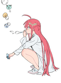 1girl absurdres ahoge bare_legs blowing_bubbles blue_eyes bubble bubble_pipe crocs from_side full_body highres hipa_(some1else45) lab_coat long_hair oomakase red_hair solo some1else45 squatting very_long_hair white_background