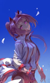 1girl animal_ears buruma fingerless_gloves gloves grin hair_intakes hairband half-closed_eye haru_urara_(bestest_prize)_(umamusume) haru_urara_(umamusume) highres horse_ears horse_girl horse_tail inishie_kumo jacket long_hair looking_at_viewer open_clothes open_jacket pink_hair ponytail purple_eyes red_buruma red_gloves red_hairband shirt sidelocks smile solo tail umamusume white_jacket white_shirt