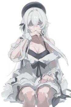 Rule 34 | 1girl, absurdres, bare shoulders, black hat, black ribbon, borrowed character, breasts, cleavage, commentary, detached sleeves, dress, feet out of frame, grey eyes, hand up, hat, highres, large breasts, long hair, looking at viewer, making-of available, milaya (fuyutsuki11), original, phyriaxi, ribbon, see-through clothes, see-through sleeves, simple background, sitting, solo, white background, white dress, white hair, white sleeves