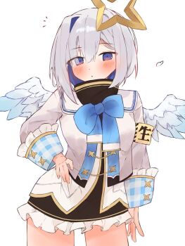 1girl amane_kanata amane_kanata_(1st_costume) angel angel_wings armband black_dress blue_hair blush commentary_request cropped_jacket dress grey_hair hair_intakes halo hand_on_own_hip highres hololive jacket looking_at_viewer medium_hair multicolored_hair open_mouth pink_streaks purple_eyes solo star_halo streaked_hair tepenchi turtleneck turtleneck_dress virtual_youtuber white_background white_jacket wings yellow_armband