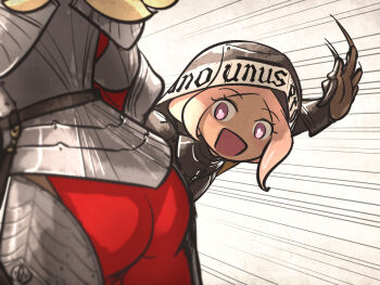 2girls armor ass blonde_hair breastplate commentary ebenholz_(ironlily) emphasis_lines english_commentary gauntlets gloves helmet imminent_spanking ironlily long_hair looking_at_another multiple_girls open_mouth original pants perlweiss_(ironlily) pink_eyes pink_hair red_pants red_shirt shirt smile standing